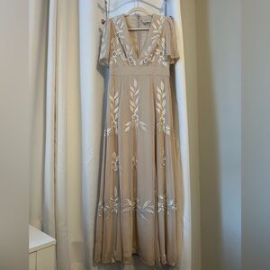 BHLDN Belize Embroidered A-Line V-Neck Gown /altered to short sleeves size US 12